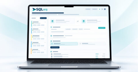 A laptop displays a software dashboard for SQLmig, showing a navigation menu on the left and various database-related widgets, icons, and lists in the main workspace area. © SQLmig.com
